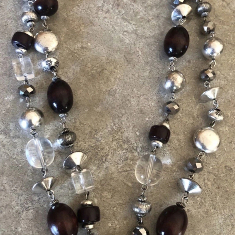Lia Sophia “Coffee Bean” Double Strand Wood, Resin & Glass Beads Silver Necklace